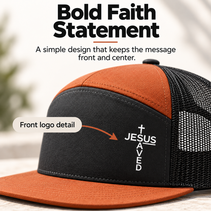 Unisex Printed Cross 'Jesus Saved' Flat Bill Trucker Hat - Color Block, Breathable Mesh