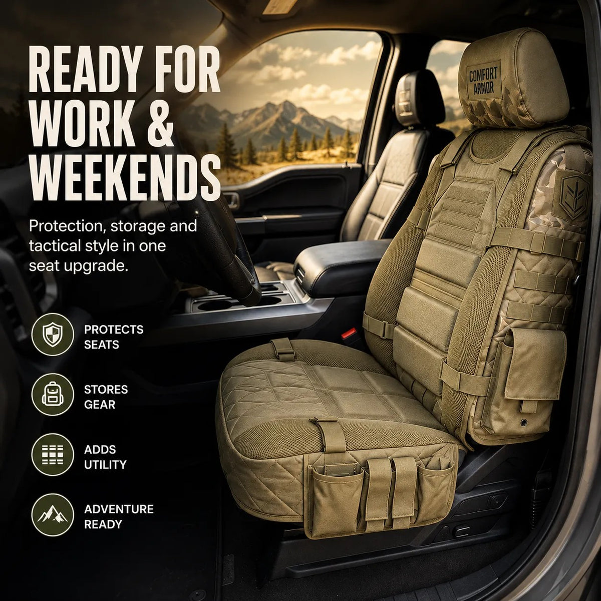 🚙Rugged MOLLE Truck Seat Cover – Tactical Storage, Seat Protection & All‑Day Comfort