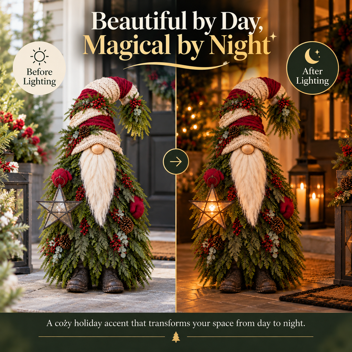 🔥Last Day 50%🎄 Light-Up Evergreen Christmas Gnome – Glowing Star Lantern Porch Decor