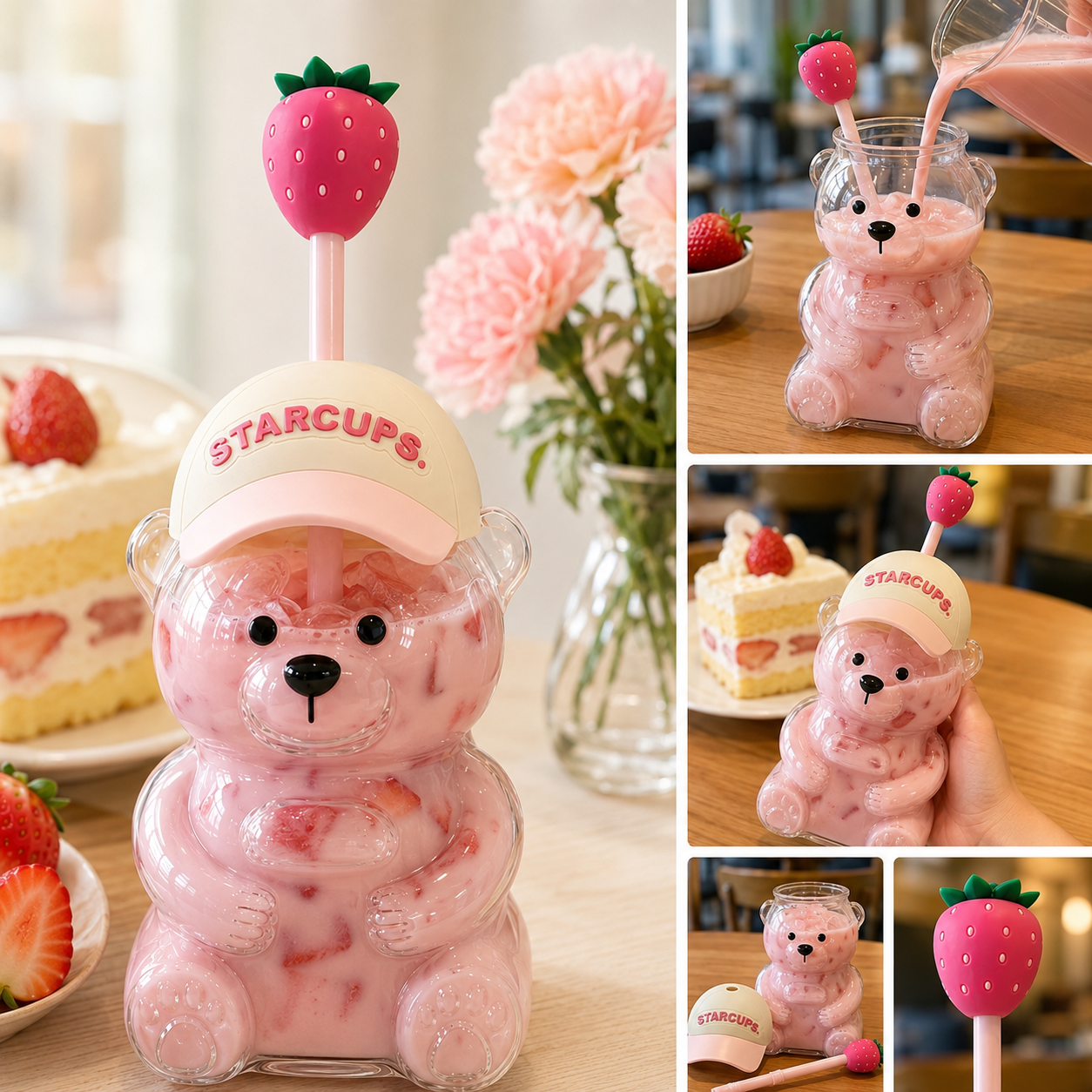 🔥 TODAY 49% OFF🐻Cute Teddy Bear Glass Tumbler with Bear Lid & Strawberry Straw – 20oz Reusable Cup