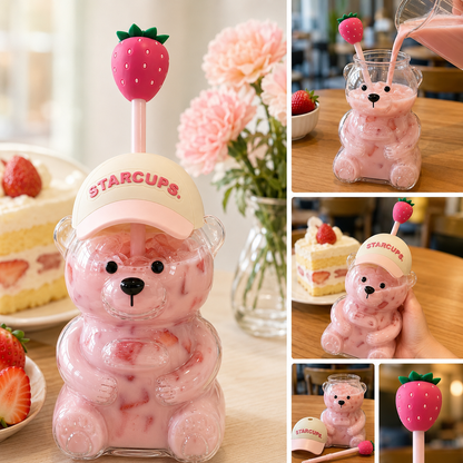 🔥 TODAY 49% OFF🐻Cute Teddy Bear Glass Tumbler with Bear Lid & Strawberry Straw – 20oz Reusable Cup