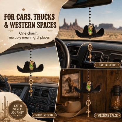 Cowboy Hat Jesus Rosary Car Charm