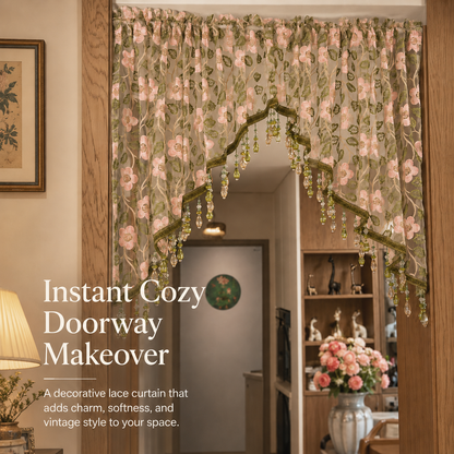 🌸 Embroidered Lace Doorway Curtain with Beaded Fringe