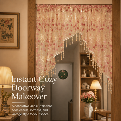 🌸 Embroidered Lace Doorway Curtain with Beaded Fringe