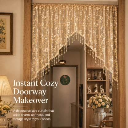 🌸 Embroidered Lace Doorway Curtain with Beaded Fringe