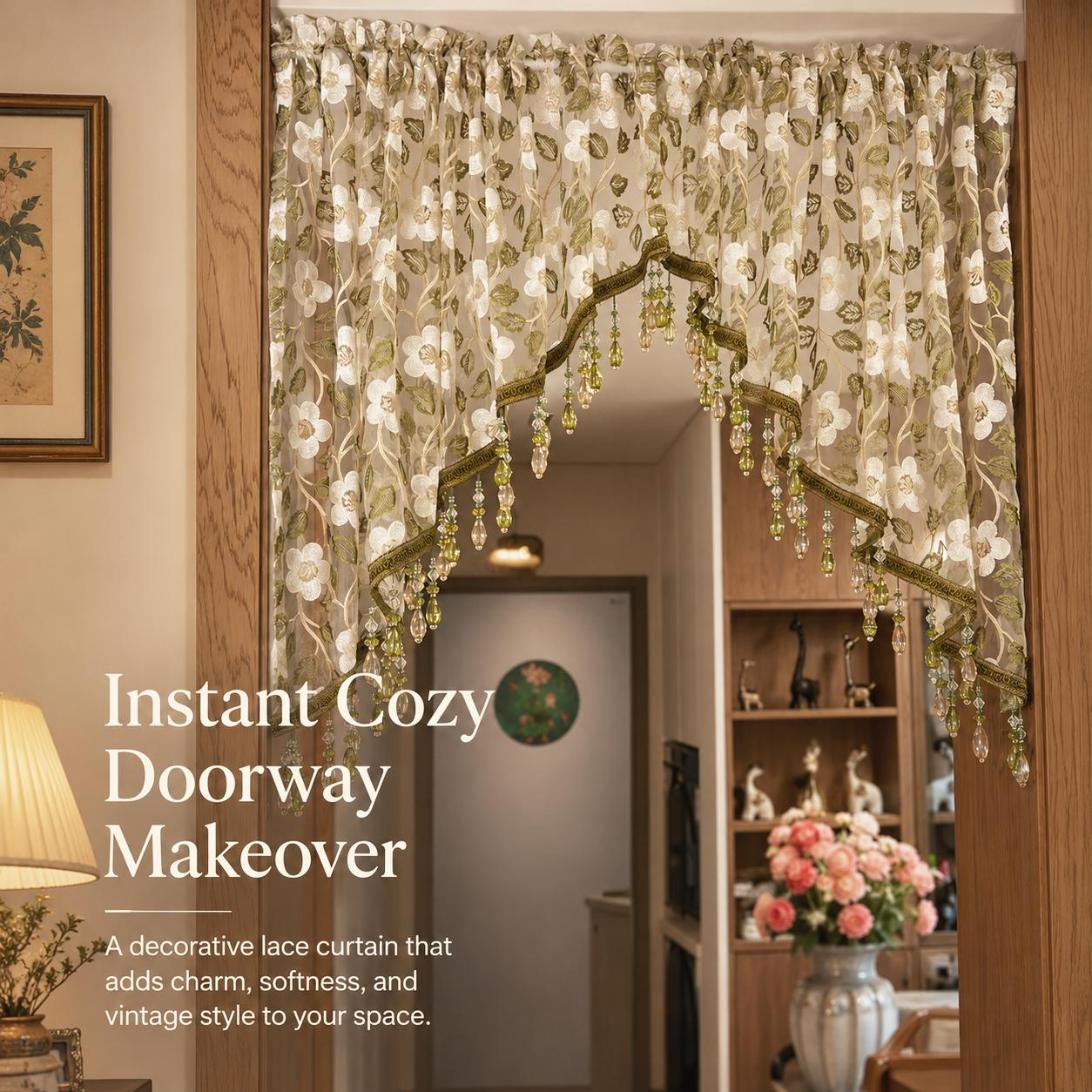🌸 Embroidered Lace Doorway Curtain with Beaded Fringe