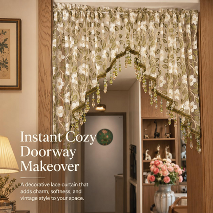 🌸 Embroidered Lace Doorway Curtain with Beaded Fringe
