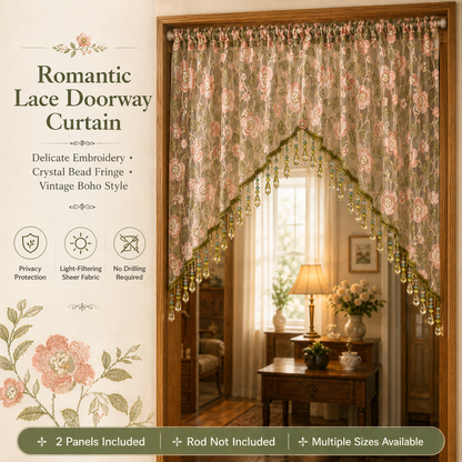 🌸 Embroidered Lace Doorway Curtain with Beaded Fringe