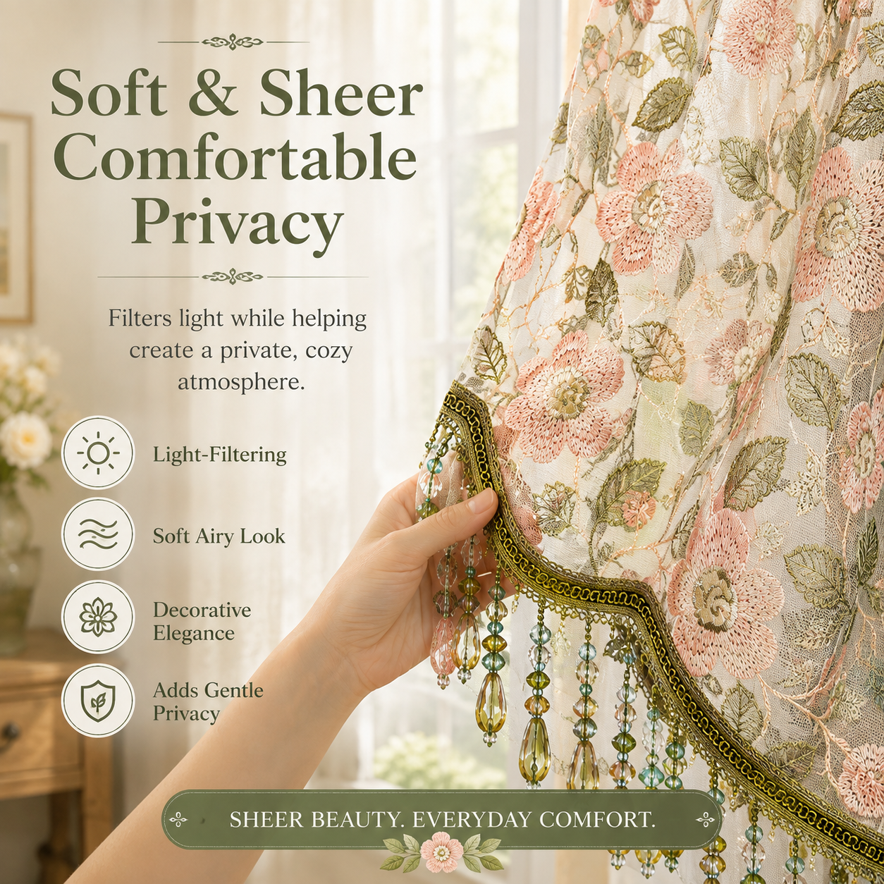 🌸 Embroidered Lace Doorway Curtain with Beaded Fringe