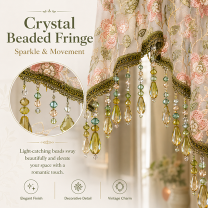 🌸 Embroidered Lace Doorway Curtain with Beaded Fringe