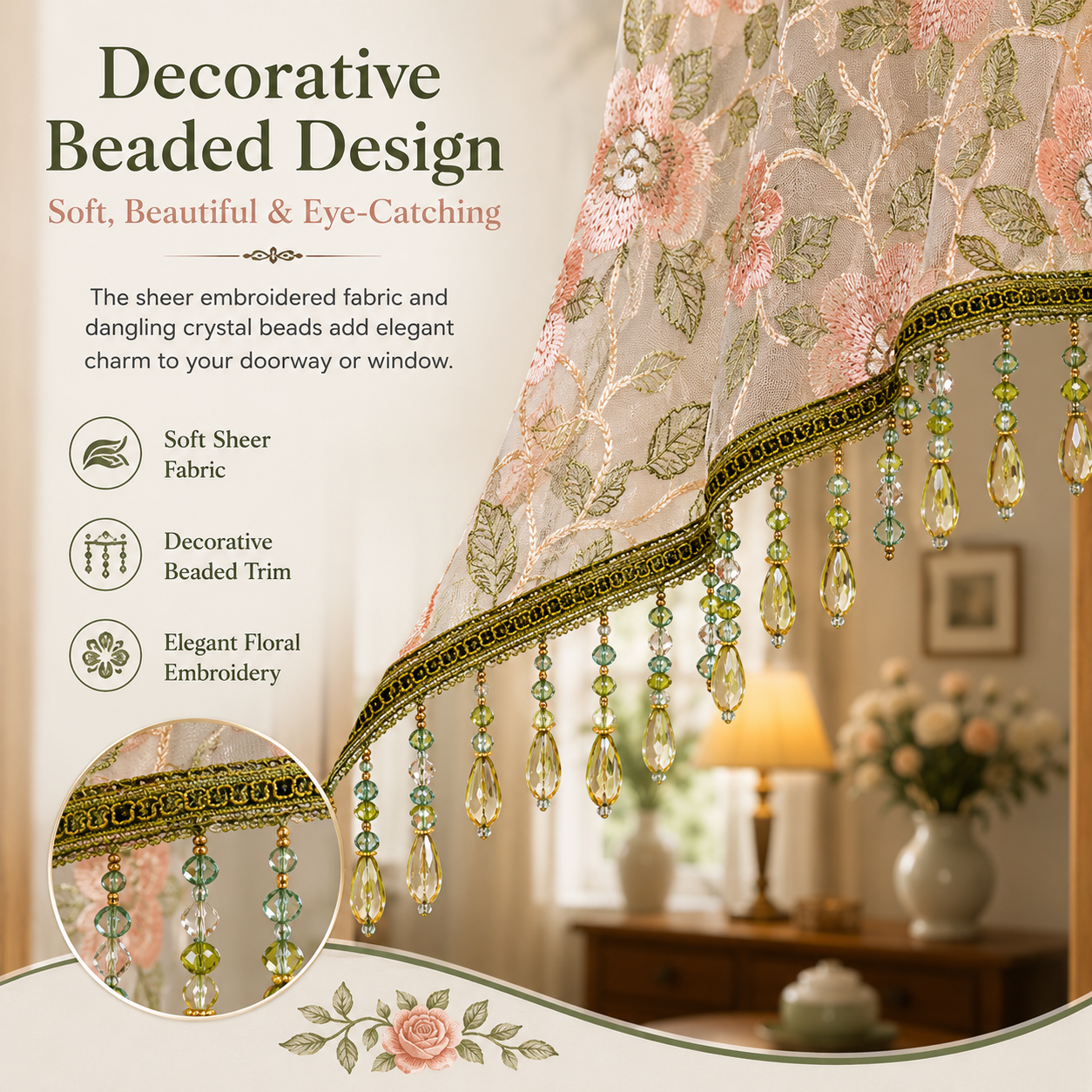 🌸 Embroidered Lace Doorway Curtain with Beaded Fringe