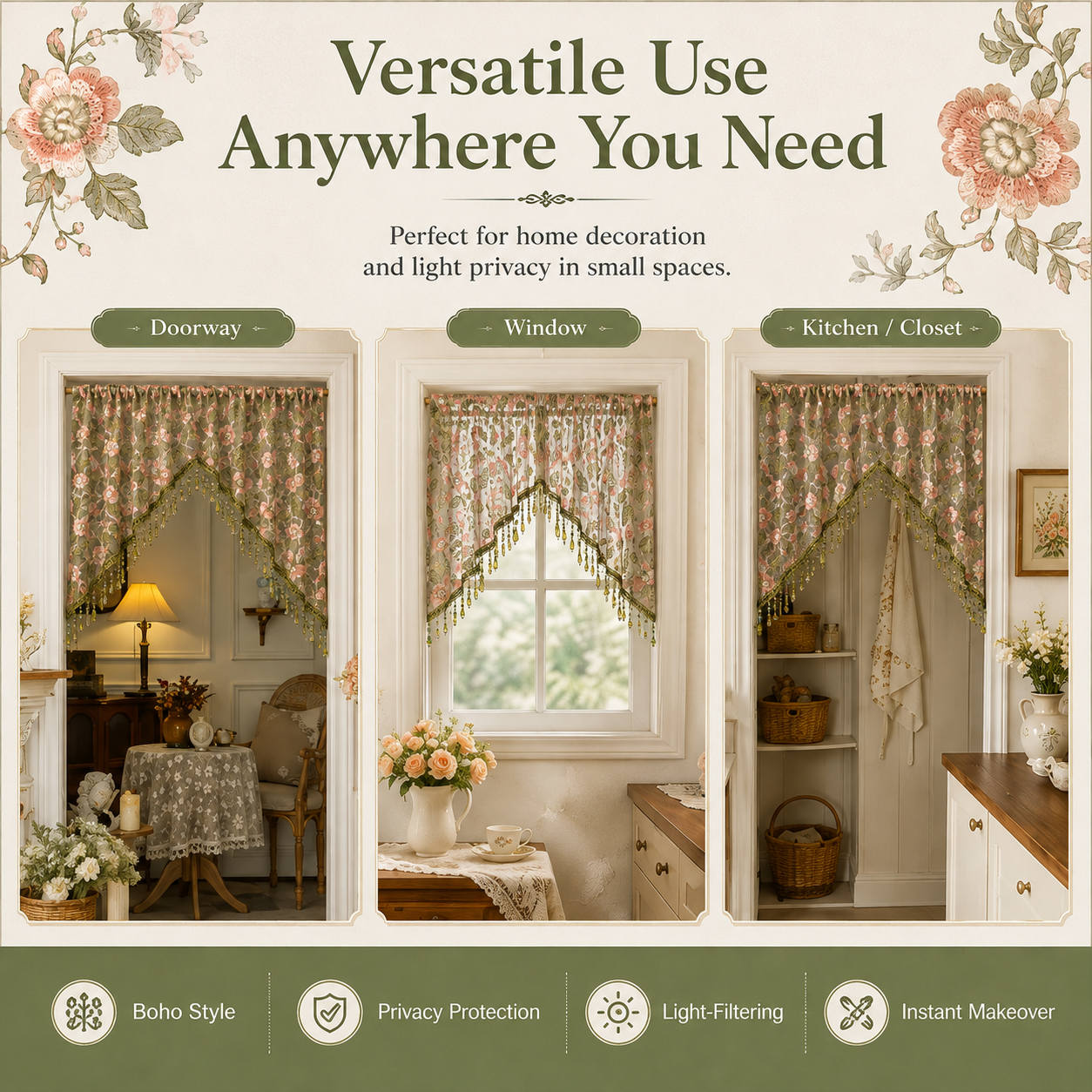 🌸 Embroidered Lace Doorway Curtain with Beaded Fringe