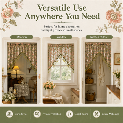 🌸 Embroidered Lace Doorway Curtain with Beaded Fringe