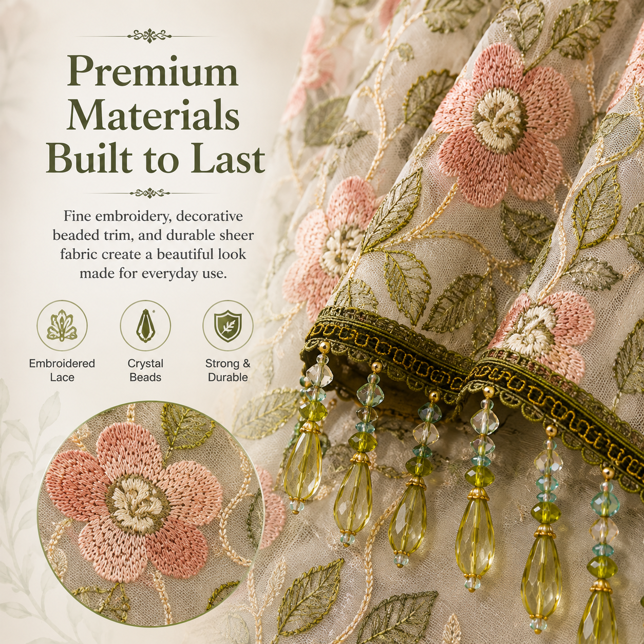 🌸 Embroidered Lace Doorway Curtain with Beaded Fringe
