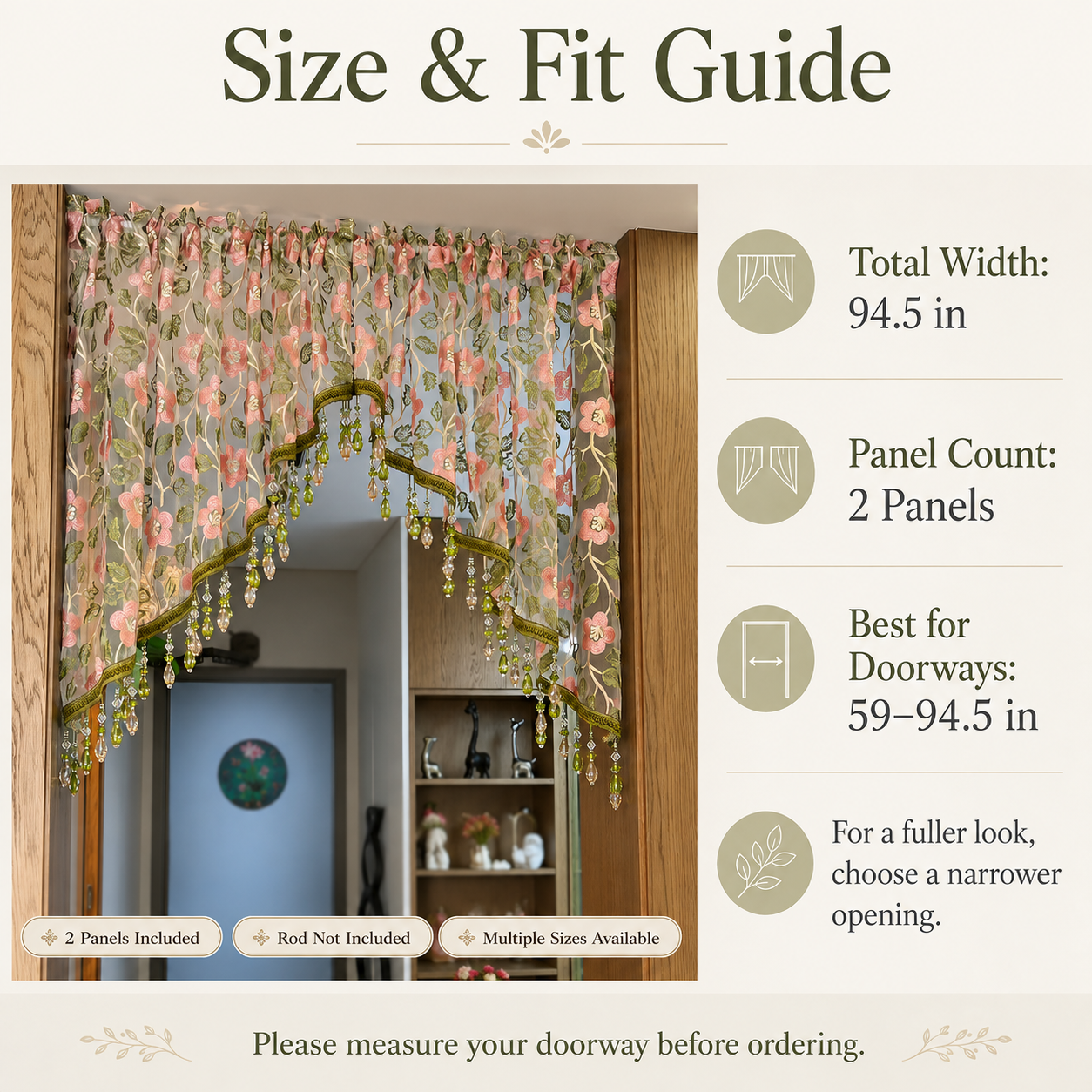 🌸 Embroidered Lace Doorway Curtain with Beaded Fringe