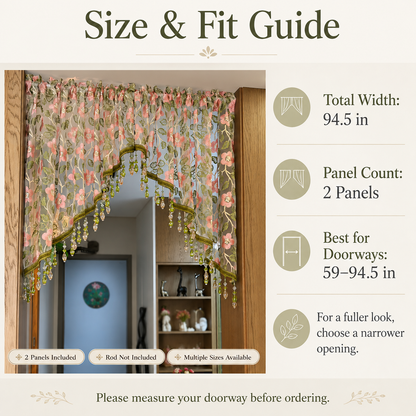 🌸 Embroidered Lace Doorway Curtain with Beaded Fringe