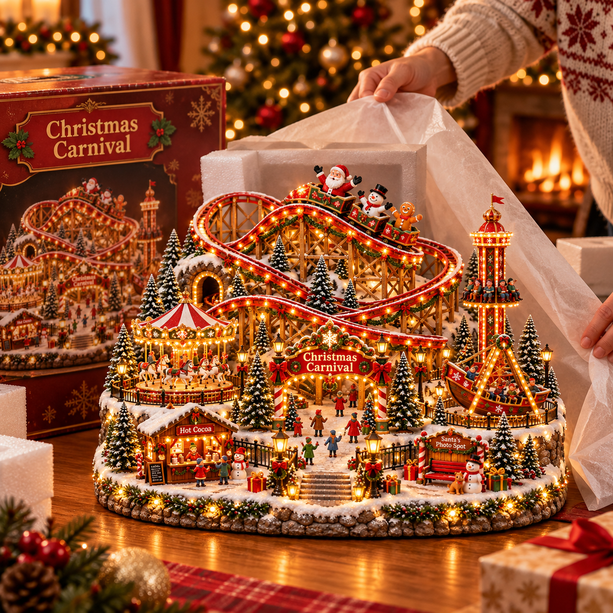 🔥Last Day 50%🎢 Magical Christmas Carnival Village – Animated Roller Coaster & Lighted Holiday Decor