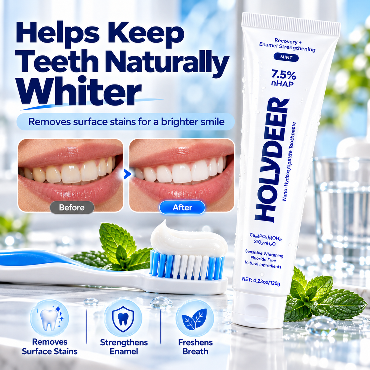 HOLYDEER 7.5% nHAP Fluoride-Free Toothpaste gently cleans teeth and leaves your mouth feeling refreshed with a minty scent.