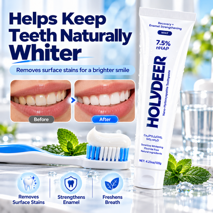 HOLYDEER 7.5% nHAP Fluoride-Free Toothpaste gently cleans teeth and leaves your mouth feeling refreshed with a minty scent.