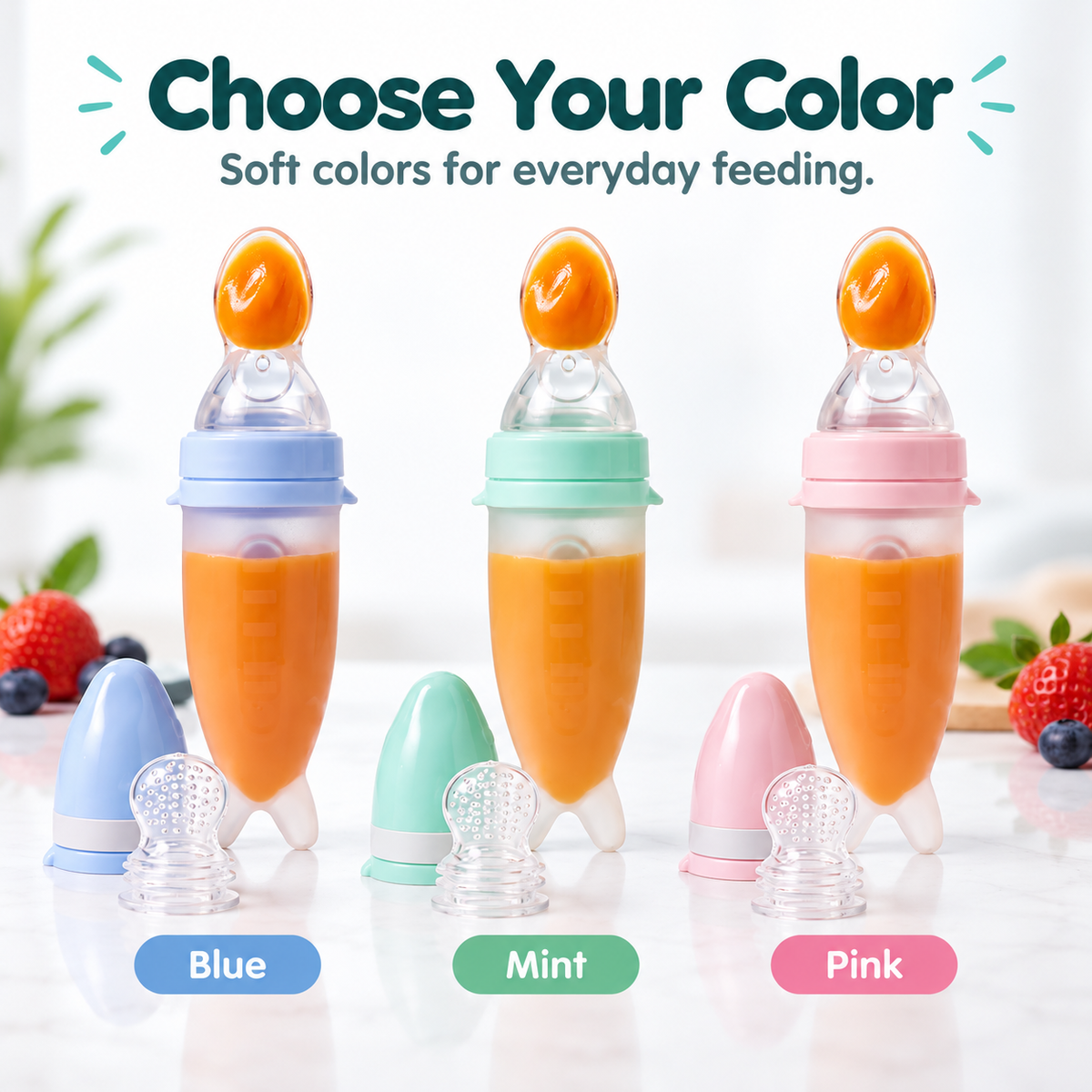 2-in-1 spoon feeder, suitable for purees and fruit.