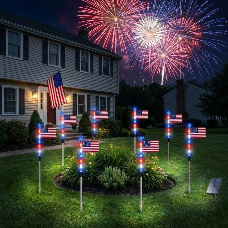 🤩🤩8-Piece Flag Light Set – 4th of July Decorations with 8 Lighting Modes – Ideal for Independence Day Pathways, Gardens, and Yard Decor