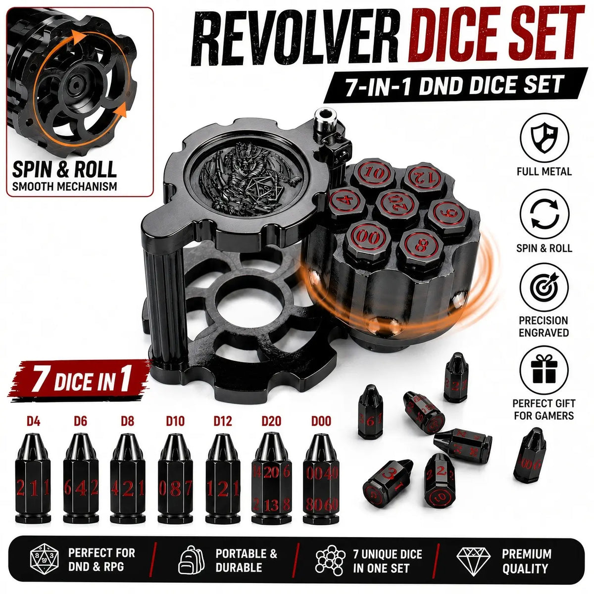 7PCS Metal Revolver Dice Set - Bullet-Design Polyhedral Game Pieces with Industrial Look, Premium Accessory for Tabletop Play RPG Games, Gift for Players