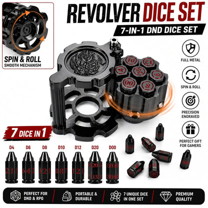7PCS Metal Revolver Dice Set - Bullet-Design Polyhedral Game Pieces with Industrial Look, Premium Accessory for Tabletop Play RPG Games, Gift for Players