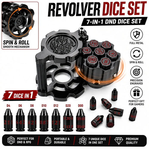 7PCS Metal Revolver Dice Set - Bullet-Design Polyhedral Game Pieces with Industrial Look, Premium Accessory for Tabletop Play RPG Games, Gift for Players