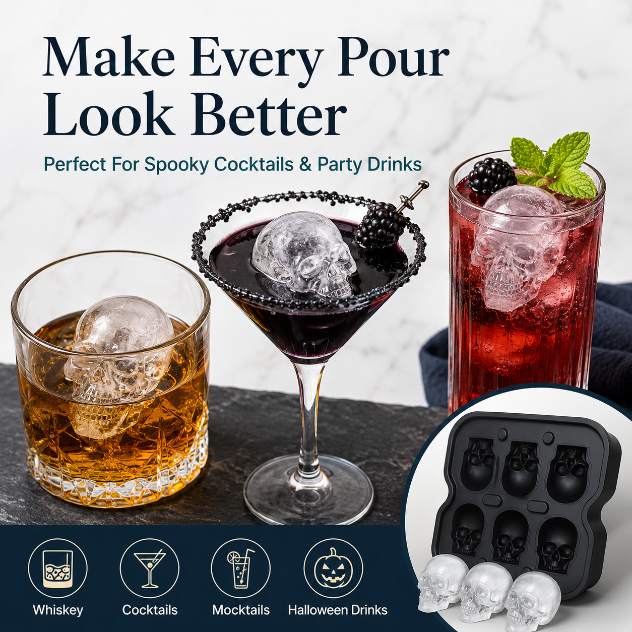 💀 3D Skull Silicone Ice Cube Mold