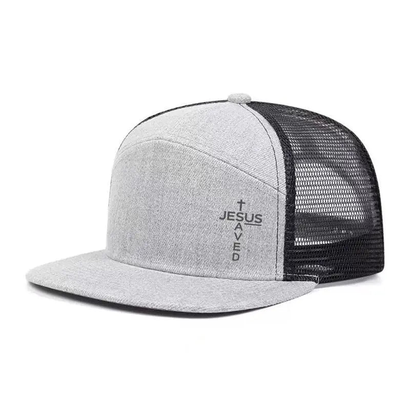 Unisex Printed Cross 'Jesus Saved' Flat Bill Trucker Hat - Color Block, Breathable Mesh
