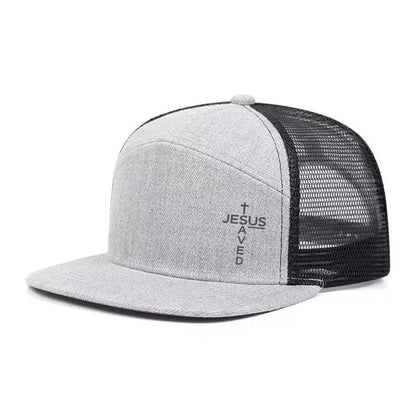 Unisex Printed Cross 'Jesus Saved' Flat Bill Trucker Hat - Color Block, Breathable Mesh