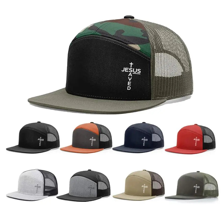 Unisex Printed Cross 'Jesus Saved' Flat Bill Trucker Hat - Color Block, Breathable Mesh