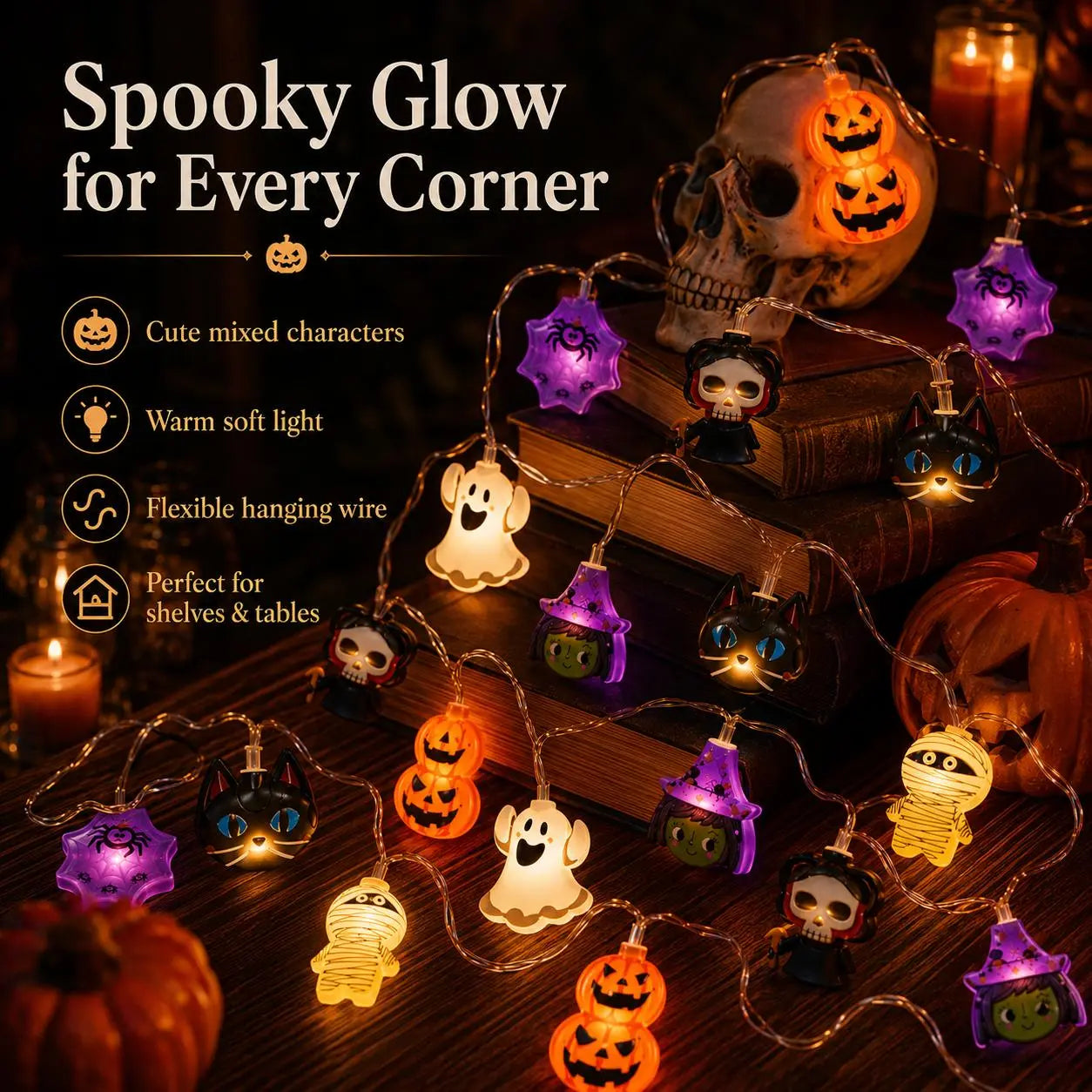 USB-Powered Pumpkin LED String Lights – Warm White Halloween Garland for Mantel, Window & Fall Home Decor