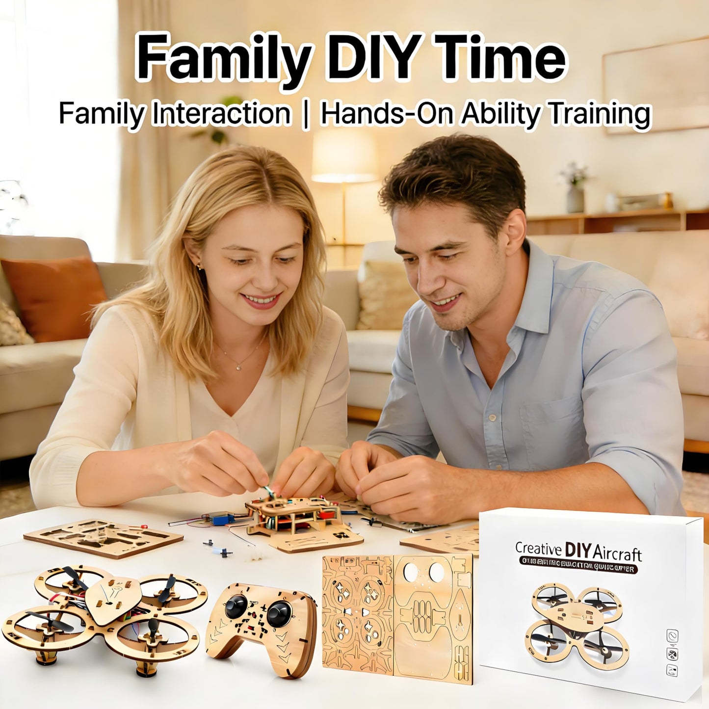 🔥Top Gift 2026 🎁 DIY Wooden Drone Assembly Kit, 2.4GHz RC Quadcopter with 360° Flip, Emergency Stop & Beginner Friendly Controls, STEM Building Toy for Teens & Adults