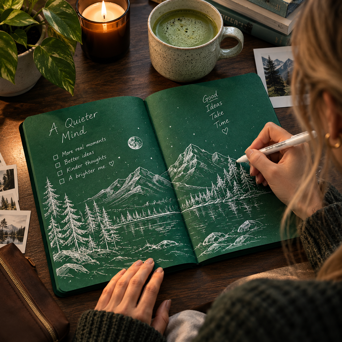 💚 Deep Green Blank Notebook with White Gel Pen | Aesthetic Writing & Sketch Journal