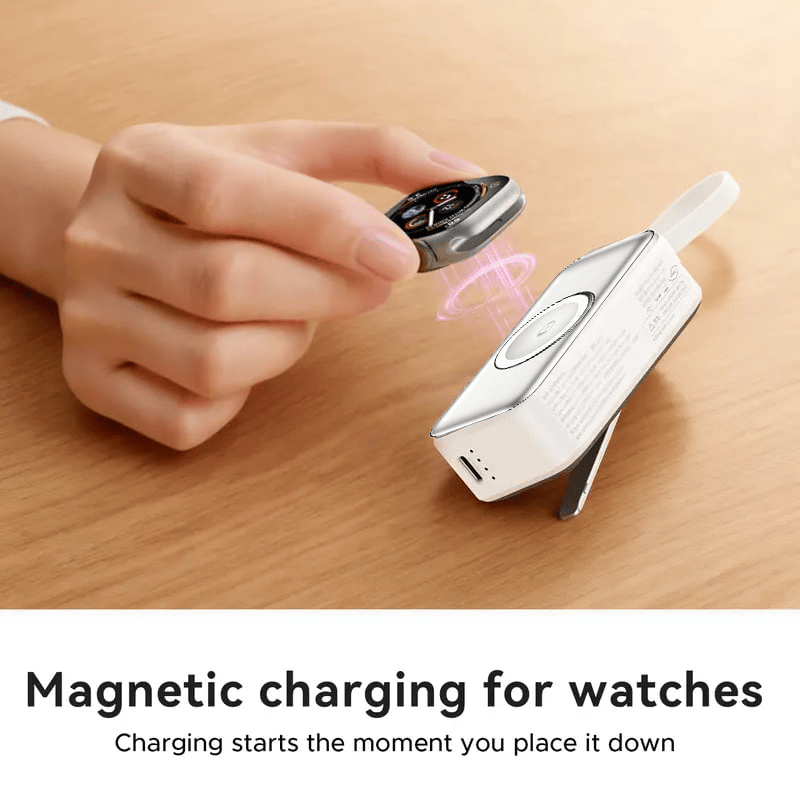 🔋3-in-1 Power Bank – Integrated Cable & Foldable Wall Plug – Wireless Watch Charger for iPhone & Android ✈️