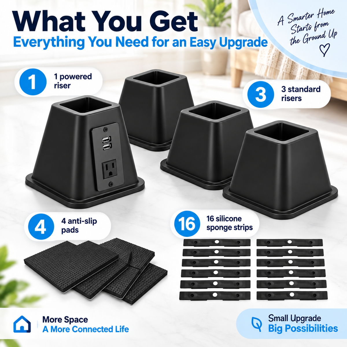 🔥 50% OFF Today – 4-Pack Heavy-Duty 6" Bed Risers with USB Power Outlet