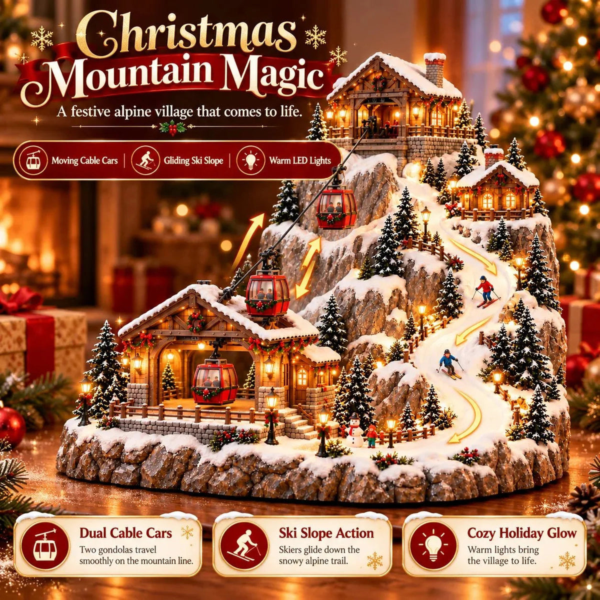 Animated Christmas Mountain Cable Car & Ski Village Scene