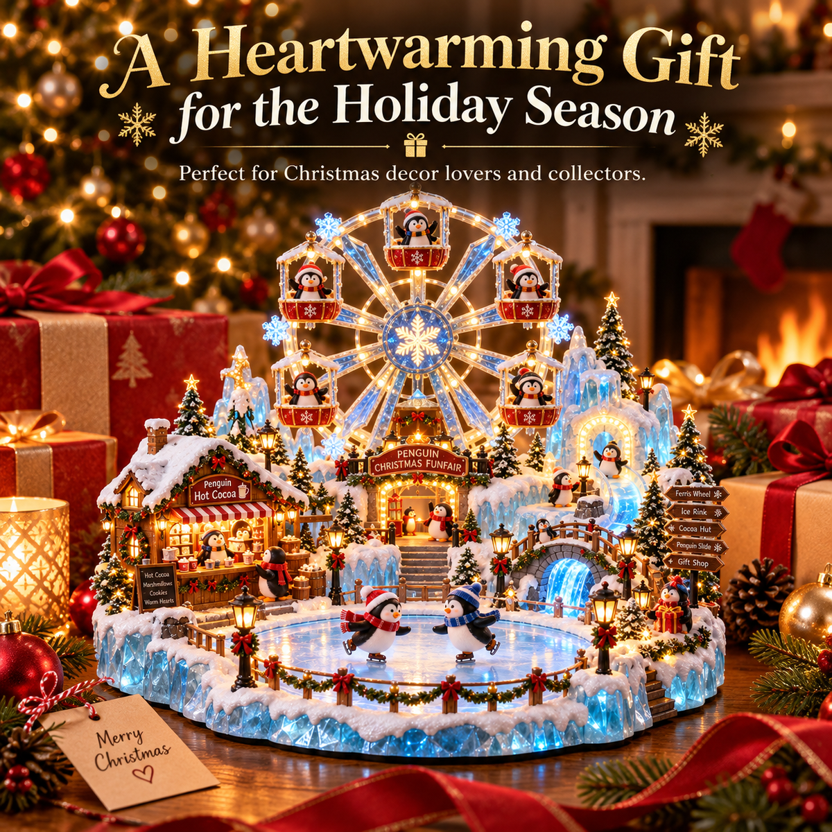 🔥Last Day 50% OFF -🎡 Penguin Christmas Funfair | Lighted Animated Christmas Village