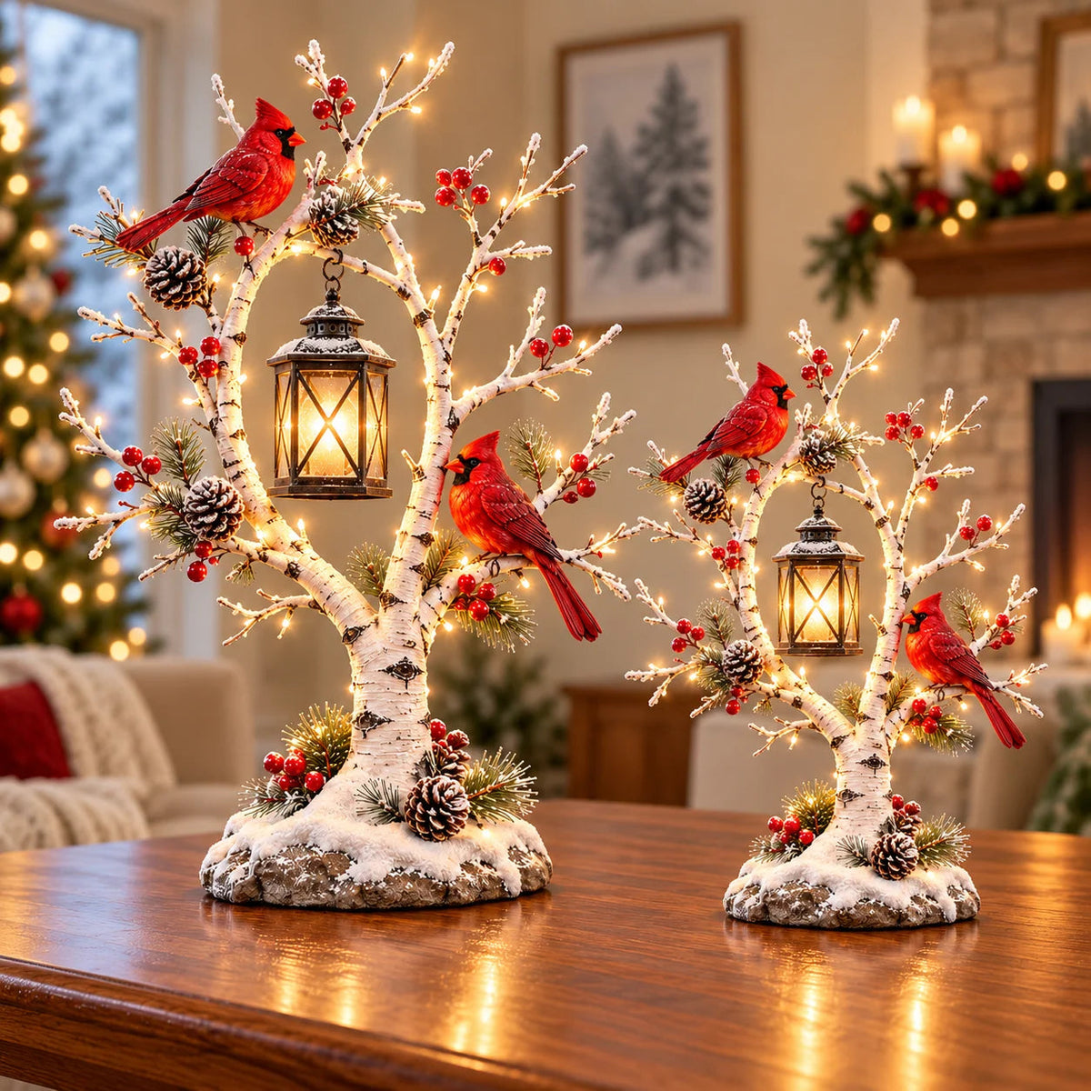 Cardinal Winter Lantern Tree with snowy branches, red cardinals and hanging lantern