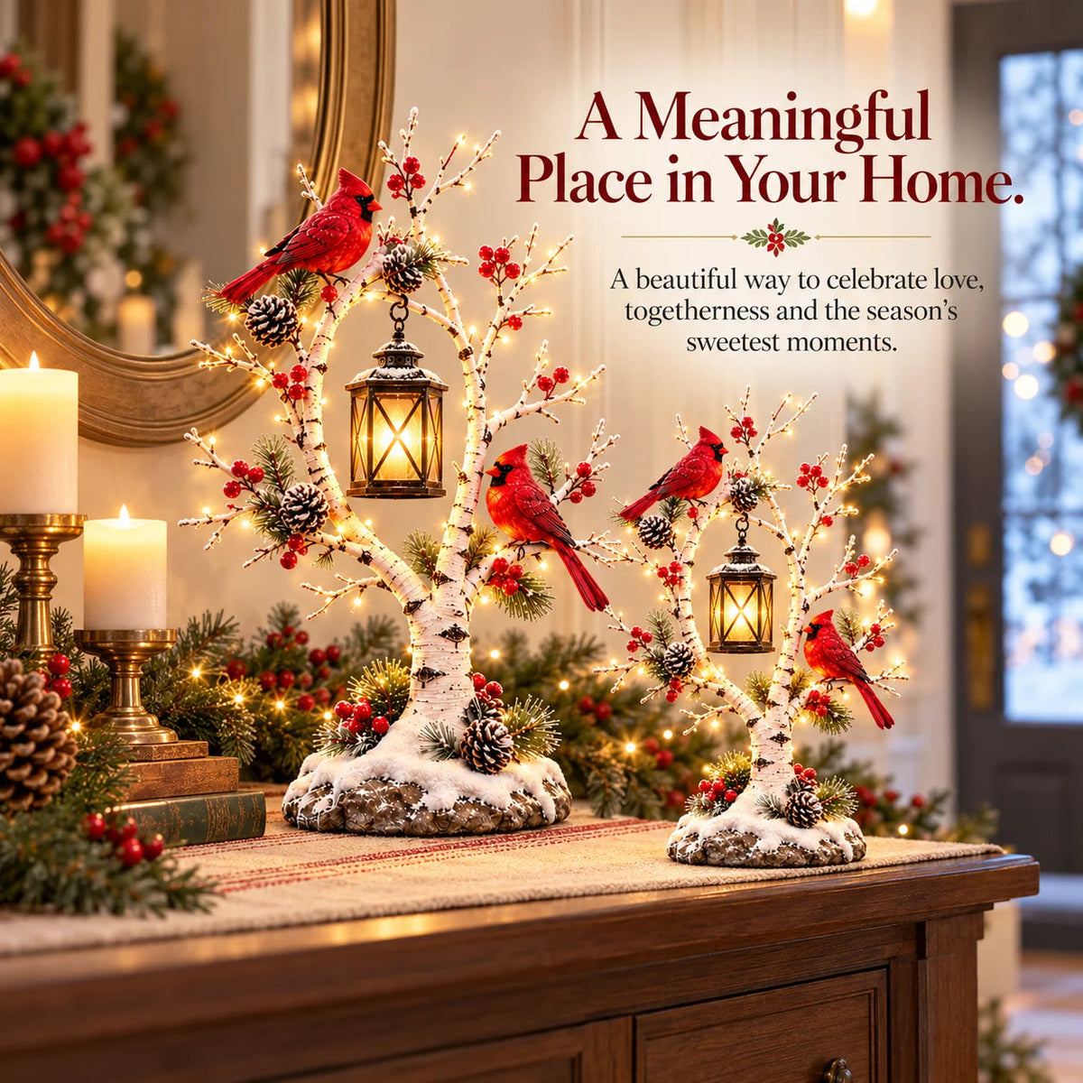 Cardinal winter lantern tree in a holiday home setting