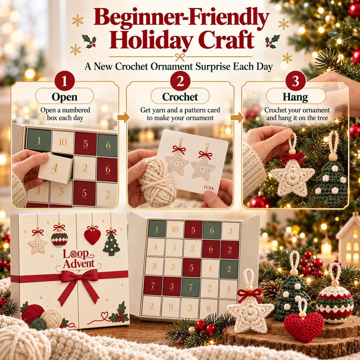 🎄 24-Day Crochet Christmas Advent Calendar™ – 24 Surprise DIY Ornament Kits to Make & Hang 🧶