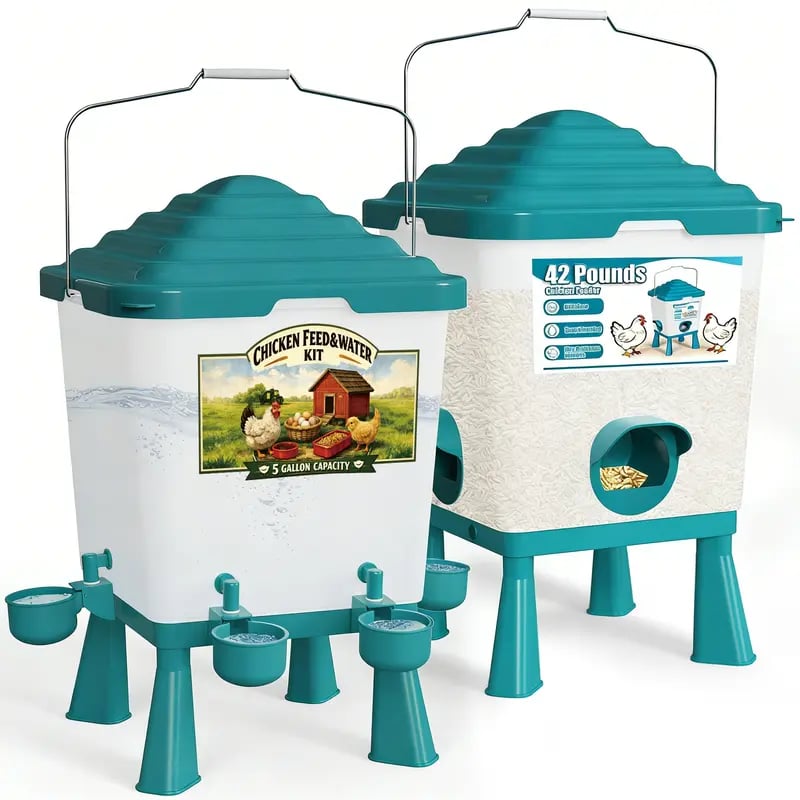 🐔 42LB Chicken Feeder & 5 Gal Waterer Set – No-Waste Auto Poultry Feeder with Cups – Complete Coop Kit 💧