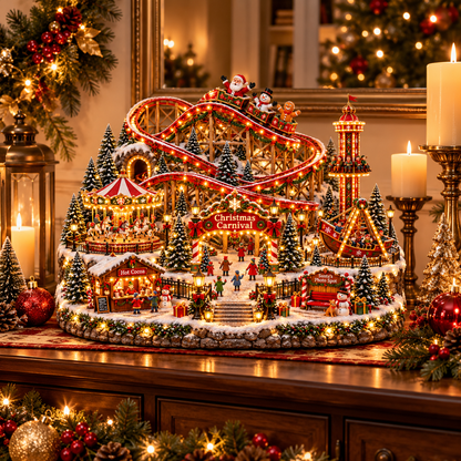 🔥Last Day 50%🎢 Magical Christmas Carnival Village – Animated Roller Coaster & Lighted Holiday Decor