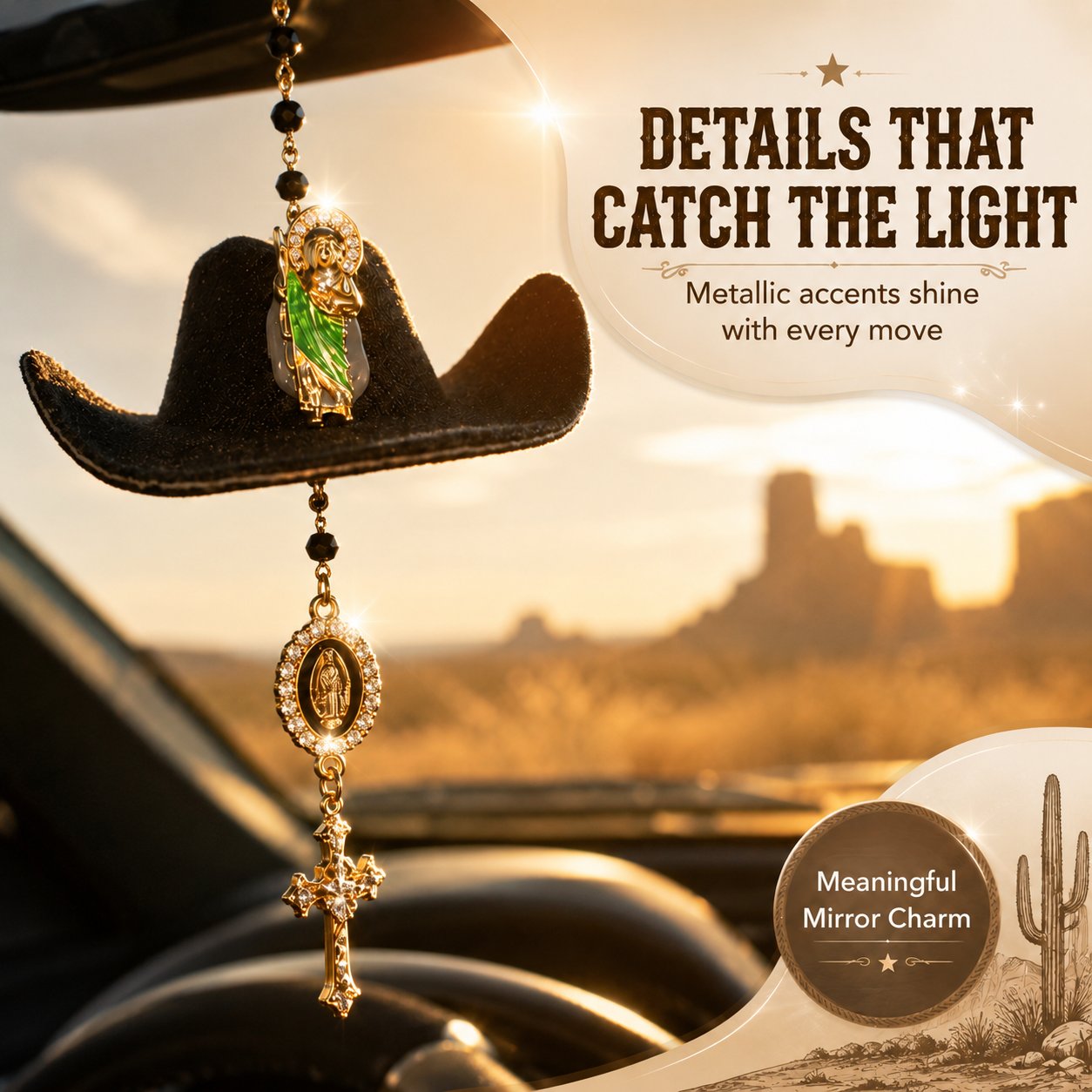Cowboy Hat Jesus Rosary Car Charm
