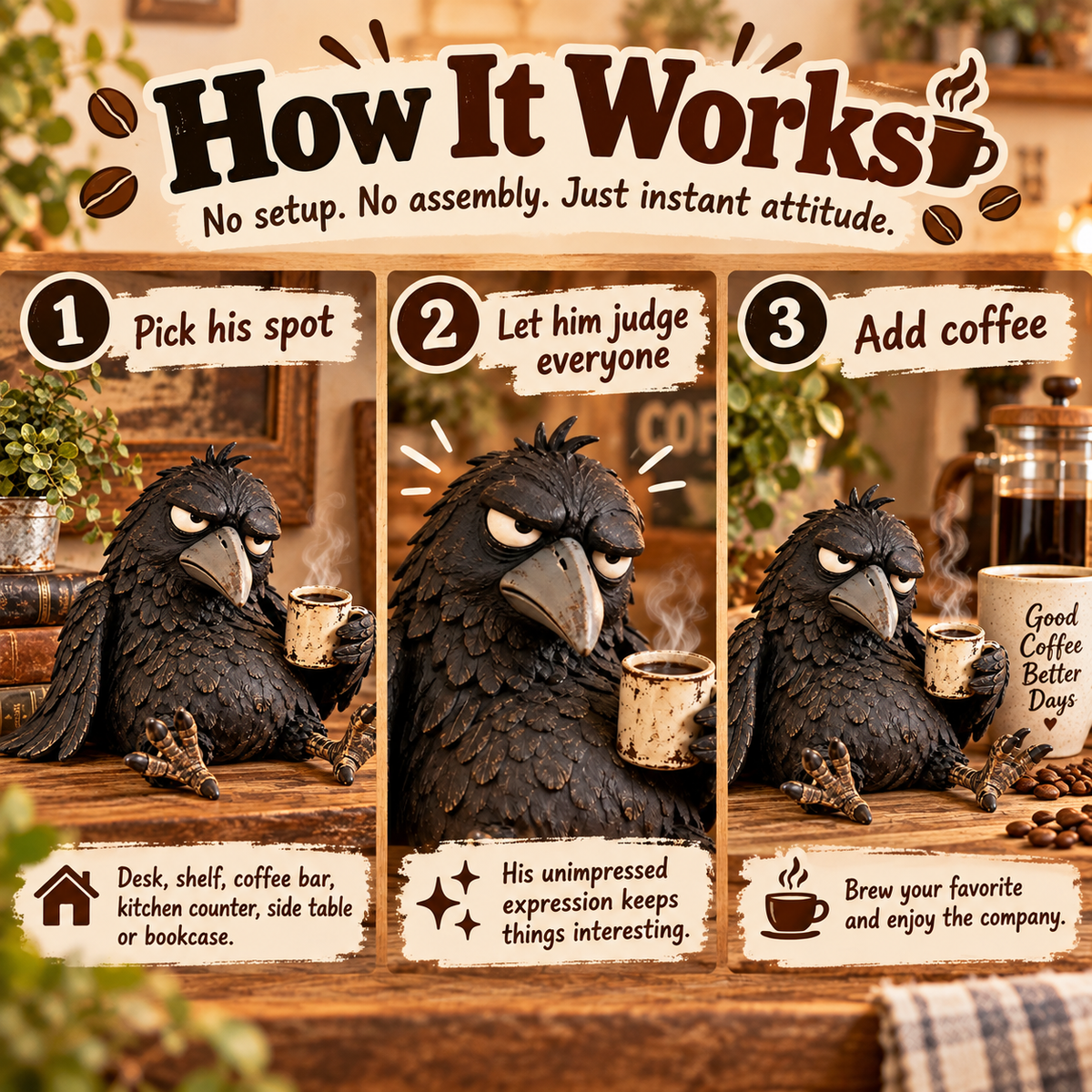 🖤 Rustic Vintage Raven Figurine with Coffee Mug – Grumpy Crow Farmhouse Tabletop Decor