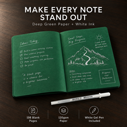 💚 Deep Green Blank Notebook with White Gel Pen | Aesthetic Writing & Sketch Journal