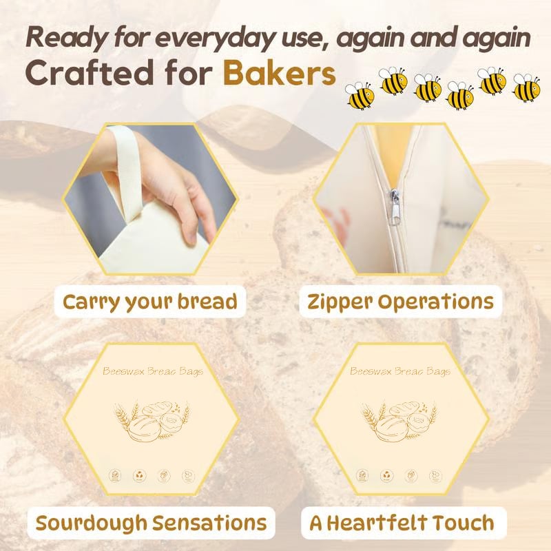 🔥Last Day 49% OFF 🍞Wide Zipper Access Reusable Cotton & Beeswax Bread Bags – Keep Your Sourdough Fresh🌟