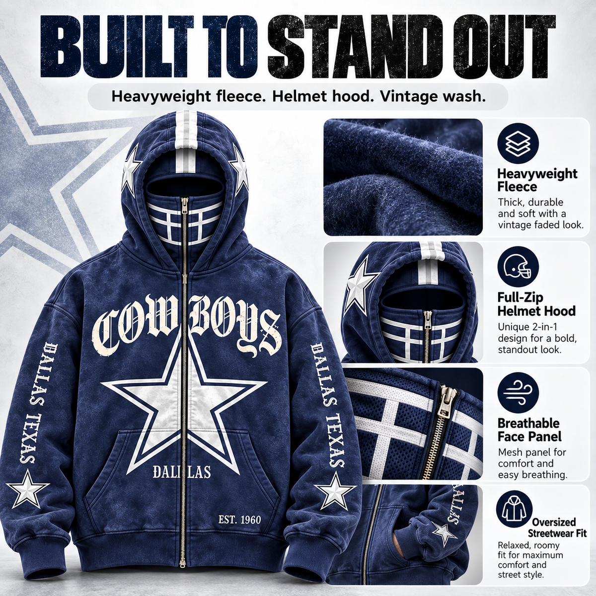 🏈 2-in-1 Football Zip Hoodie – Full-Zip Helmet Hood & Oversized Fit🏆