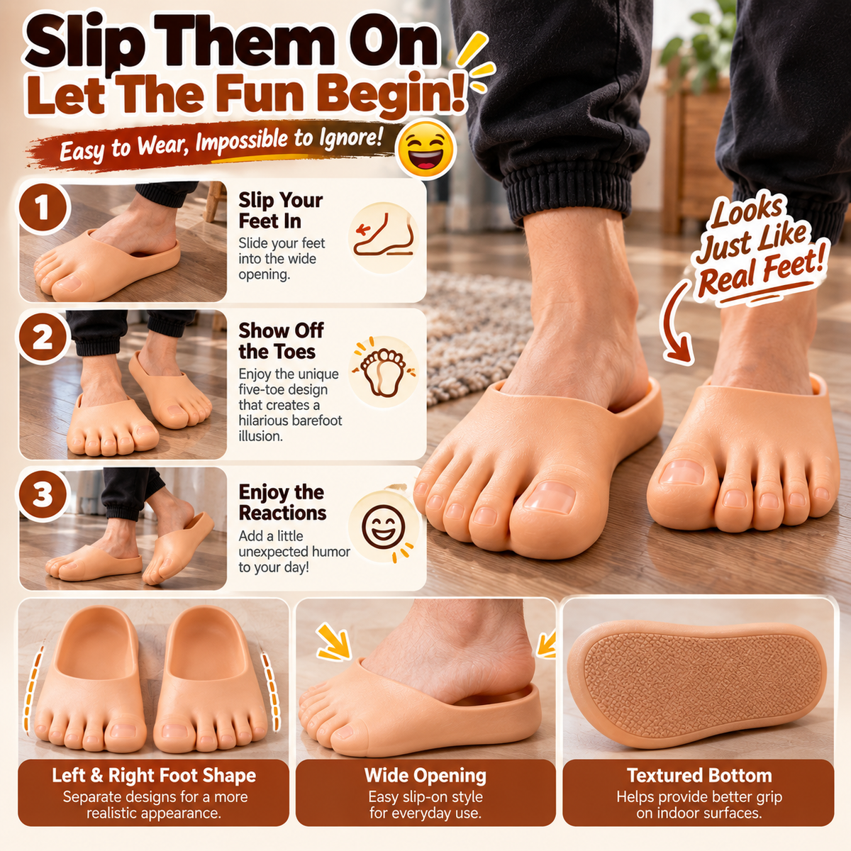 😂 Realistic Barefoot Slippers – Funny Giant Toe Slides, Hilarious Prank Gift 👣